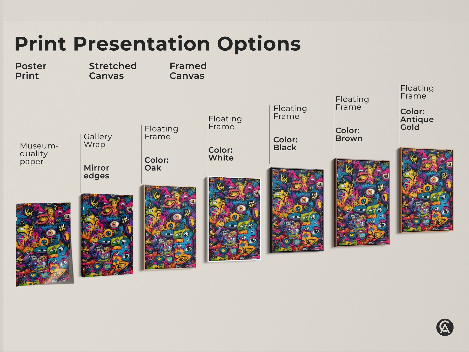 Print Presentation Options for Graffiti Pop Art. This image shows poster prints and stretched canvas. Framed canvas options include floating frames. Available in white black brown and antique gold. Shop now and choose your perfect style!