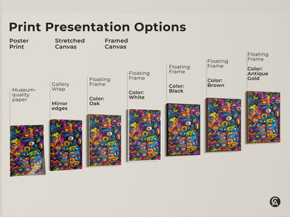 Print Presentation Options for Graffiti Pop Art. This image shows poster prints and stretched canvas. Framed canvas options include floating frames. Available in white black brown and antique gold. Shop now and choose your perfect style!