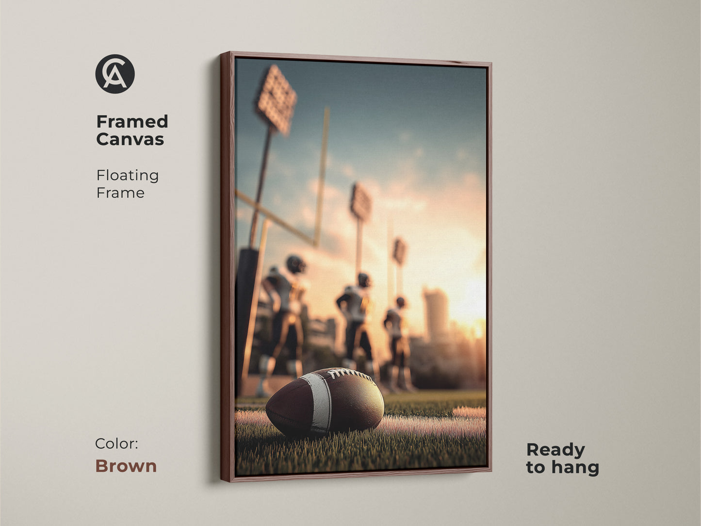 Framed canvas of American Football art in a brown floating frame. Ready to hang for easy display. This artwork features a football on the field during the golden hour. Perfect for a man cave or sports bar. A great gift for football fans and sports enthusiasts.