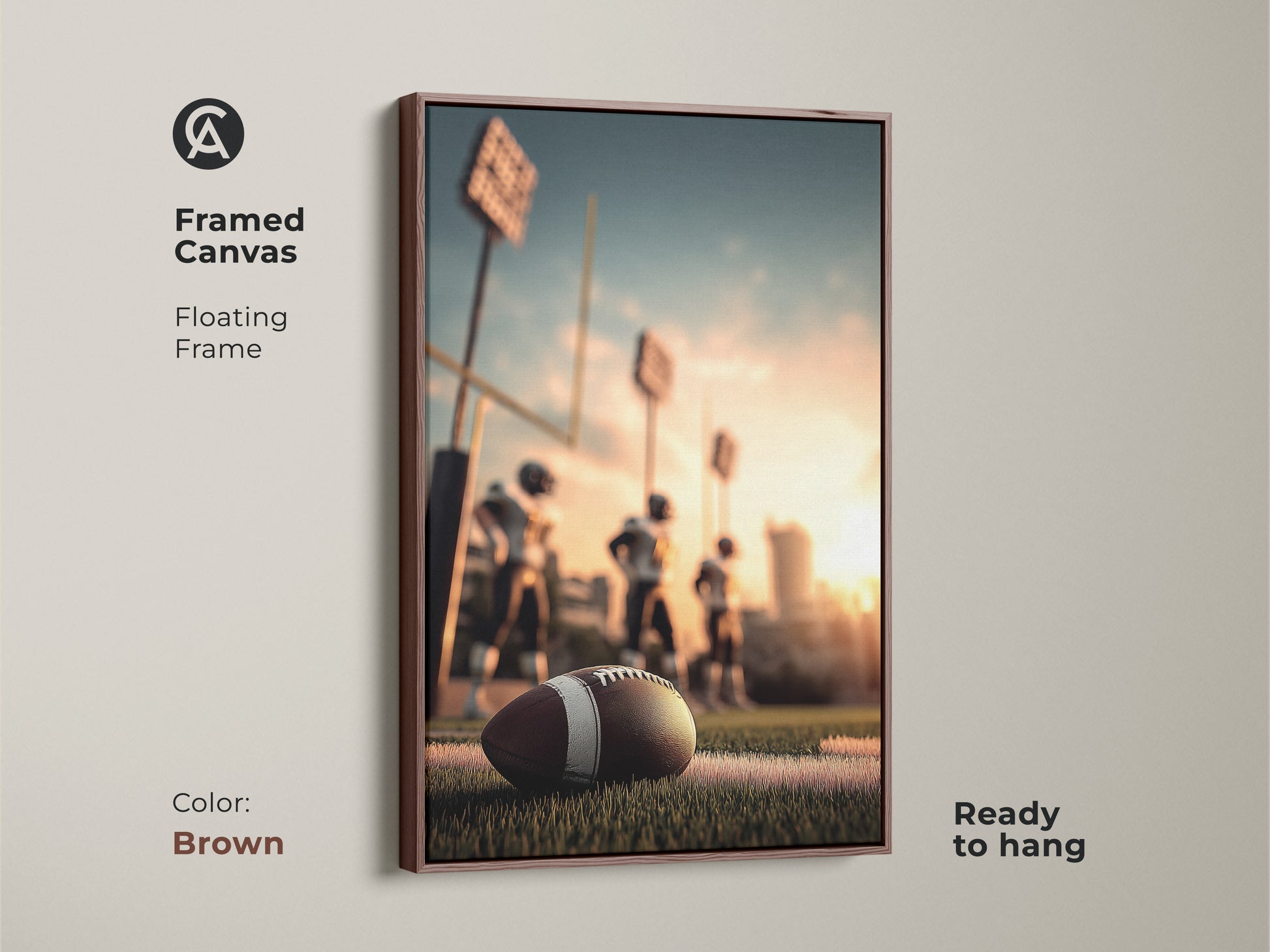 Framed canvas of American Football art in a brown floating frame. Ready to hang for easy display. This artwork features a football on the field during the golden hour. Perfect for a man cave or sports bar. A great gift for football fans and sports enthusiasts.