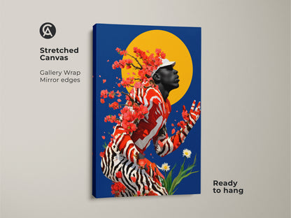 Stretched Canvas art features a gallery wrap with mirror edges. A surreal portrait showcases a man with cherry blossoms and a blue yellow sun background. The red orange and blue artwork adds eclectic modern art to any room. It is ready to hang as a unique gift.