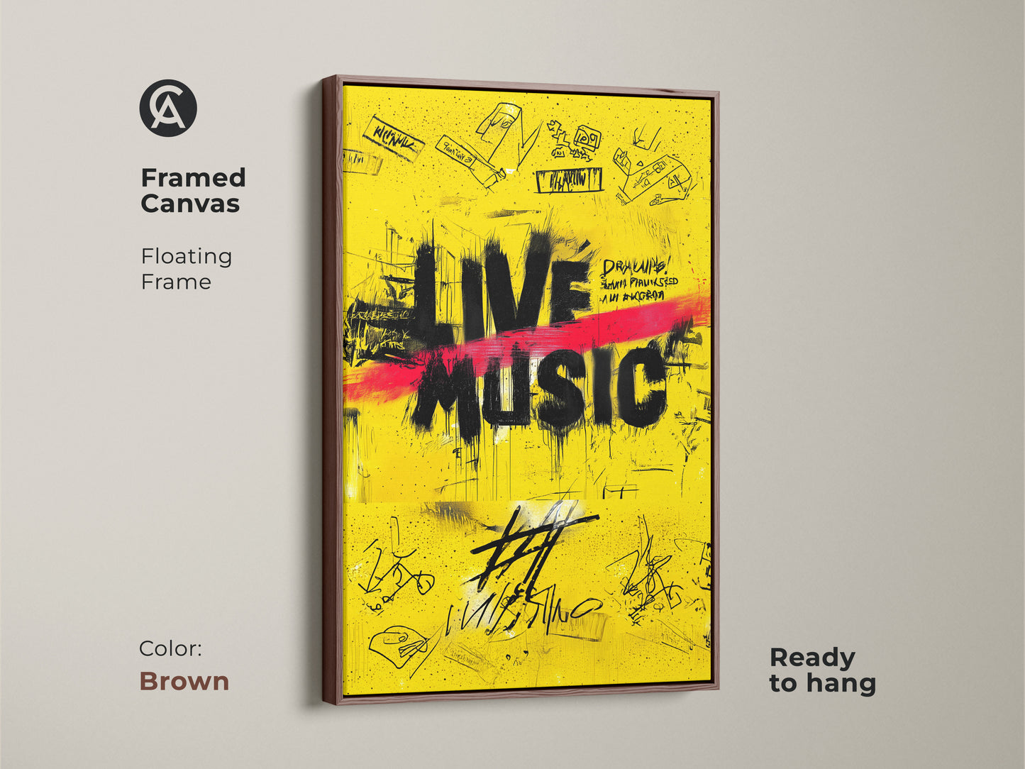 This framed canvas print features yellow graffiti art. The street art canvas print is framed in brown with a floating frame. 'Live Music' is prominently displayed. It is ready to hang as music room wall decor.