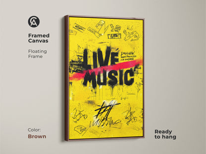 This framed canvas print features yellow graffiti art. The street art canvas print is framed in brown with a floating frame. 'Live Music' is prominently displayed. It is ready to hang as music room wall decor.