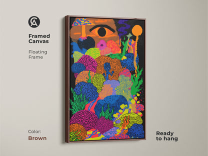 Framed canvas in brown showcasing psychedelic mushroom art. The surreal eye wall art presents abstract colorful patterns. This eclectic bedroom decor is ready to hang with a floating frame.