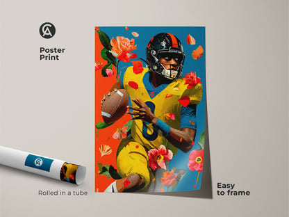 Framed canvas art featuring an american football player. The artwork blends modern yellow and blue floral elements. This piece enhances any space with its sports decor. It is ready to hang with a floating frame. The art makes a great gift for sports enthusiasts.