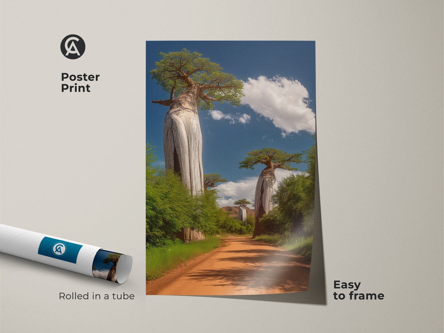 Poster Print of African Baobab Trees rolled in a tube. This boho wall decor is easy to frame. The African landscape print makes a great travel themed gift. Realistic nature artwork looks great in any entry hall.