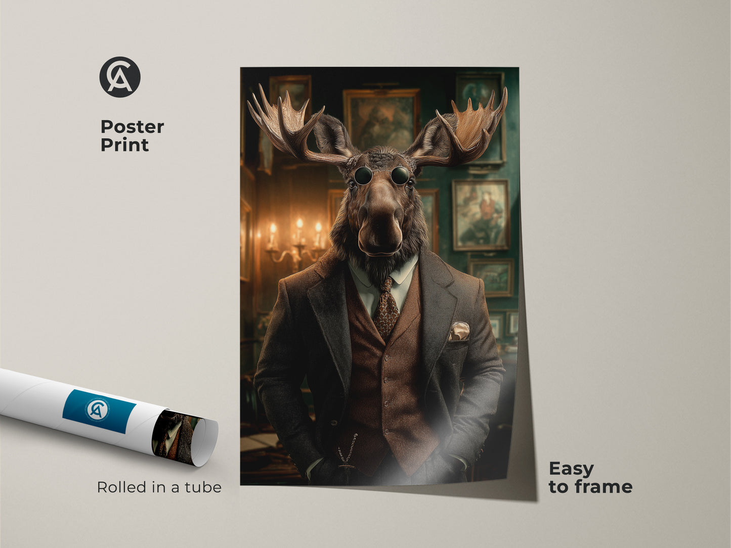 Steampunk moose poster print. This Victorian gentleman art is easy to frame. This dapper animal portrait rolled in a tube adds eclectic decor. Display rich brown animal artwork. A perfect dark academia wall decor.