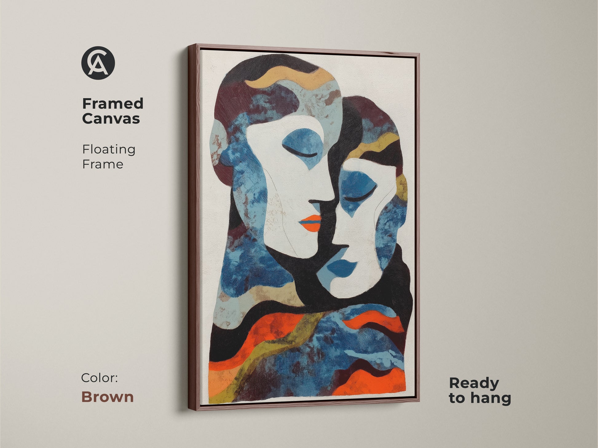 Transform your space with this modern abstract couple art. The deep blue and orange tones bring warmth and style. It's an ideal anniversary gift for couples looking to enhance their eclectic home decor.