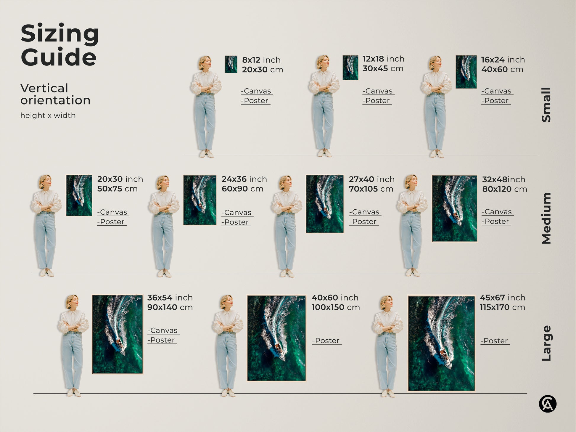 Discover the perfect size with our speedboat art sizing guide. Vertical orientation options include canvas and poster prints. Sizes range from small to large fitting any space. This aerial view captures a boat slicing through emerald green waves. Enhance your coastal living room decor with this contemporary nautical artwork.
