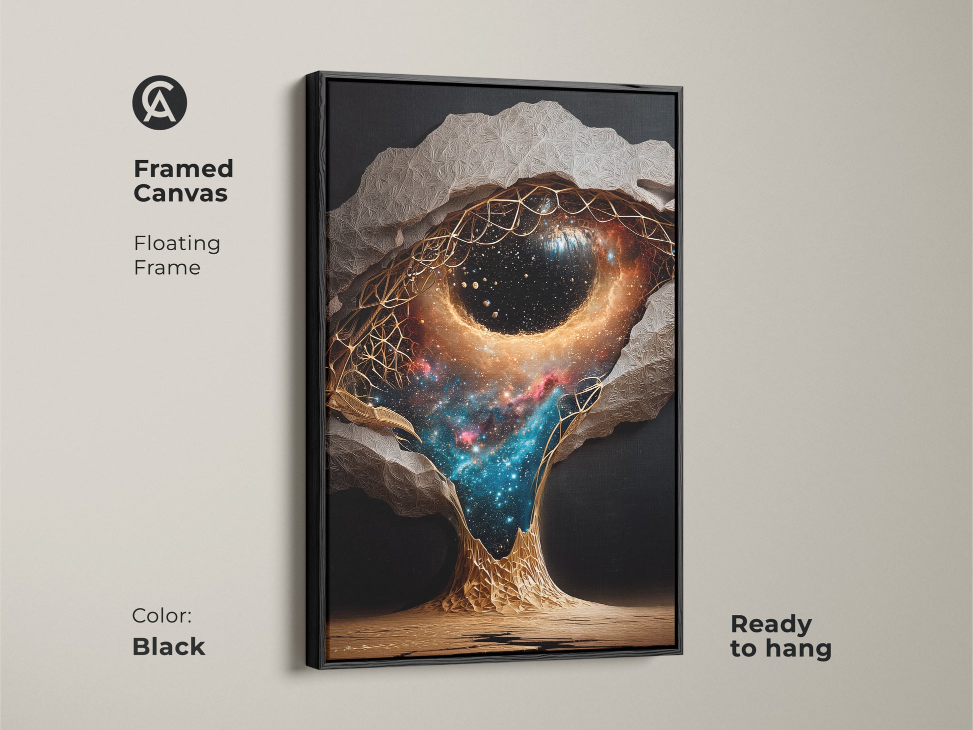 Framed canvas art of a surreal galaxy. Floating frame complements abstract nebula wall art. Ready to hang this gold accent wall artwork enhances any space. Perfect fantasy celestial wall art or fantasy art for men.