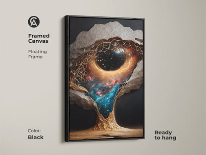 Framed canvas art of a surreal galaxy. Floating frame complements abstract nebula wall art. Ready to hang this gold accent wall artwork enhances any space. Perfect fantasy celestial wall art or fantasy art for men.