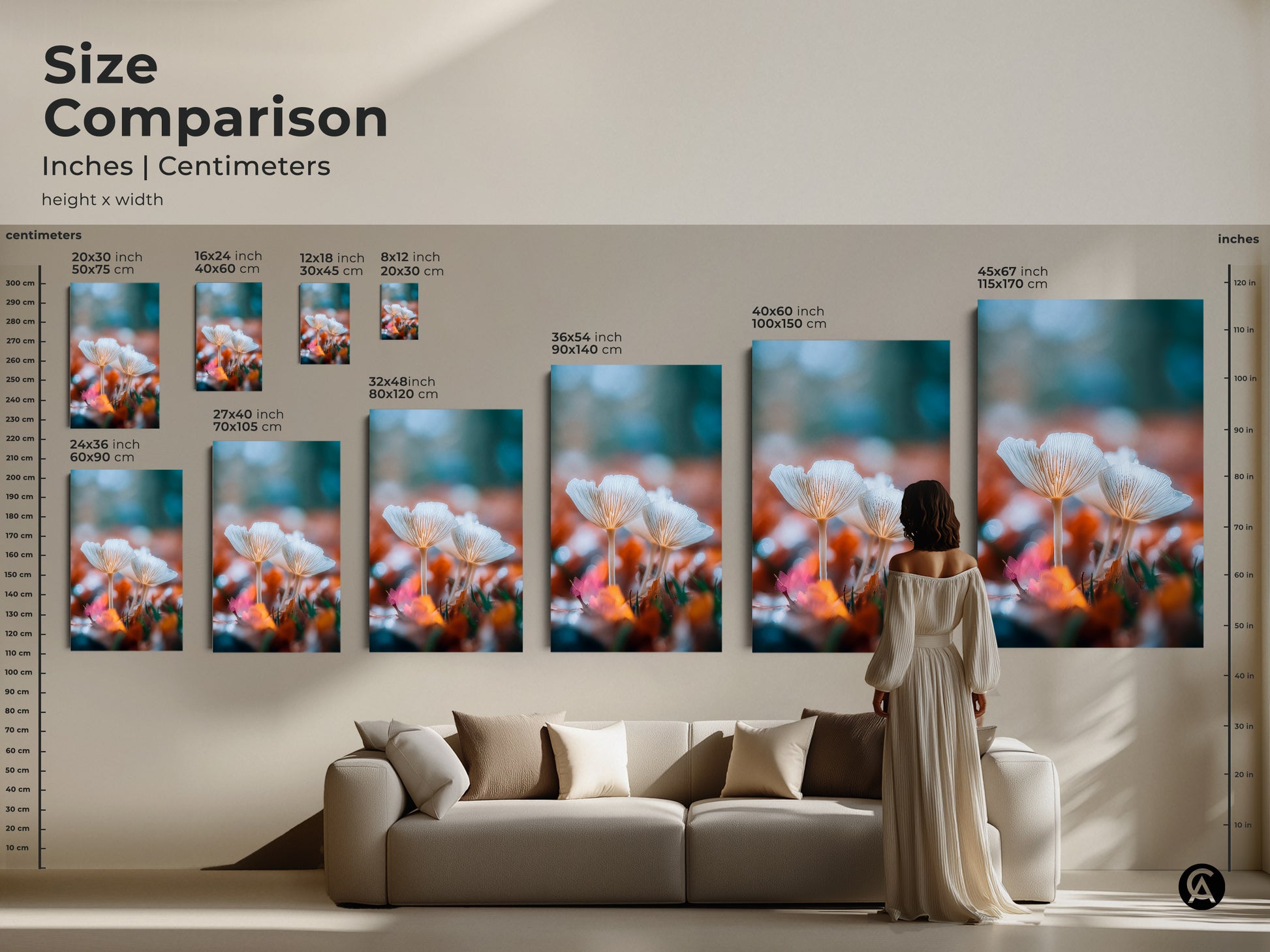 Size comparison of mushroom art prints in inches and centimeters. See how different sizes look above a sofa. Ranging from small to large canvas and posters. Find the ideal size to enhance your living space beautifully.