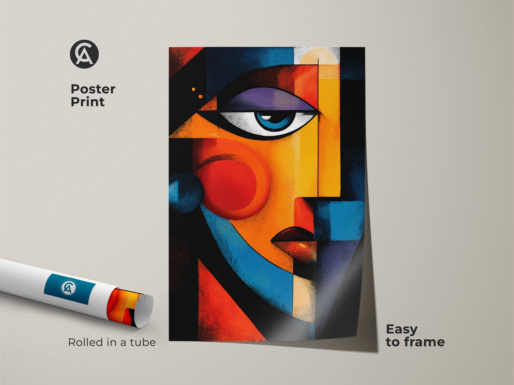Poster print featuring a modern abstract face artwork. This easy-to-frame print arrives rolled in a tube. Its bold colors and geometric style makes it a striking addition to any space.