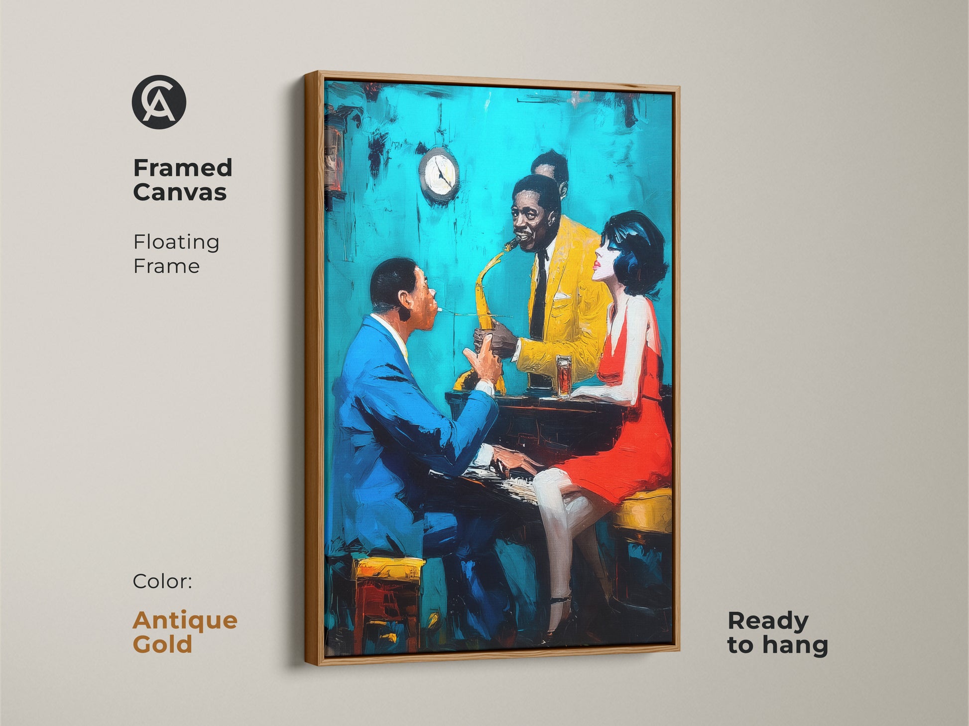 Add a touch of elegance with this framed canvas artwork. The antique gold floating frame enhances the jazz club scene. It shows a pianist a saxophonist and a stylish woman. This ready-to-hang art adds sophistication to your home.