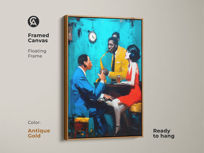 Add a touch of elegance with this framed canvas artwork. The antique gold floating frame enhances the jazz club scene. It shows a pianist a saxophonist and a stylish woman. This ready-to-hang art adds sophistication to your home.
