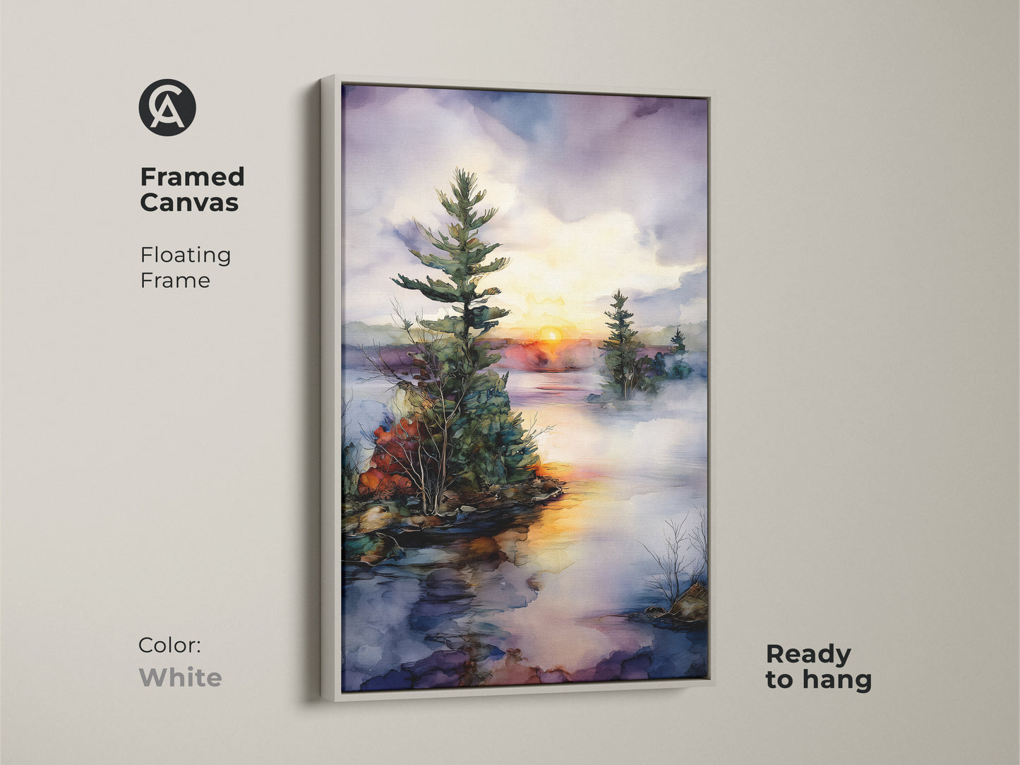 White framed canvas art displays a watercolor pine tree on a misty lake at sunset. This nature inspired artwork complements any decor. A serene landscape for bedroom wall decor canvas.