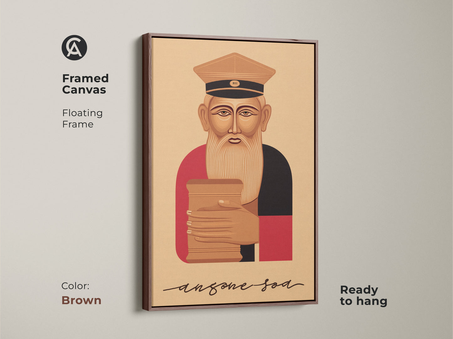 Framed canvas in brown displaying a retro Reading Man art print. The floating frame enhances this vintage man reading a book wall art. Ready to hang this tan brown and red artwork complements any study. An ideal gift for book lovers or classic study room decor.
