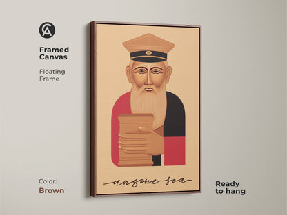 Framed canvas in brown displaying a retro Reading Man art print. The floating frame enhances this vintage man reading a book wall art. Ready to hang this tan brown and red artwork complements any study. An ideal gift for book lovers or classic study room decor.