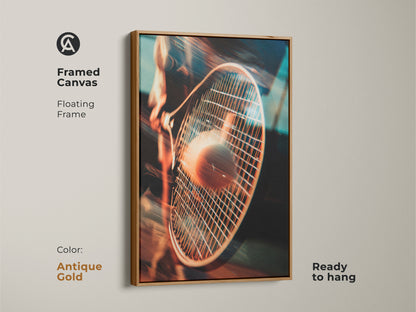 This framed canvas art captures a tennis racket hitting a ball. The sports art has an antique gold floating frame. Add a touch of athletic elegance to your space with this ready-to-hang artwork.