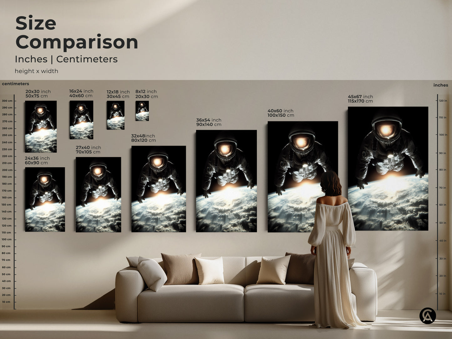 Size comparison of astronaut art prints. See how different sizes of the space exploration canvas look in a living room setting. This photorealistic artwork adds a cinematic touch to your home. The black blue white palette complements any decor. Find the perfect size for your space themed art.