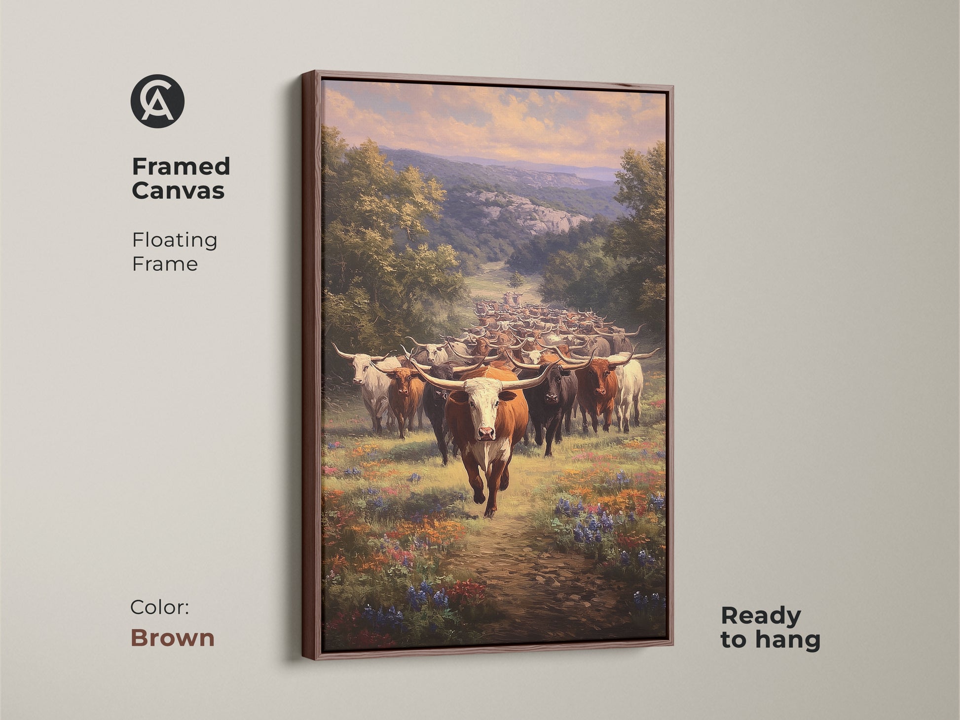Brown framed canvas featuring longhorn cattle. Realistic landscape artwork enhances any farmhouse decor. This western art print is ready to hang. It has a floating frame. A perfect ranch style home decor piece.