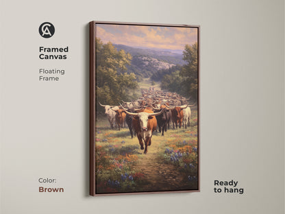 Brown framed canvas featuring longhorn cattle. Realistic landscape artwork enhances any farmhouse decor. This western art print is ready to hang. It has a floating frame. A perfect ranch style home decor piece.