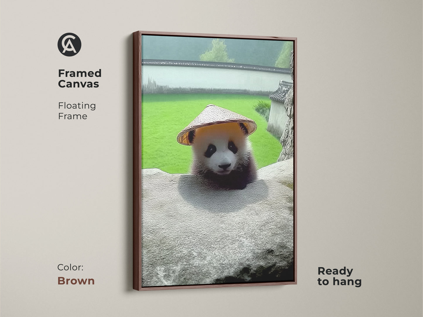 Brown Framed Canvas of Baby Panda Wall Art. This cute nursery decor print shows a panda with a hat. It is photorealistic animal artwork. A new baby gift idea. Animal nature wall decor.