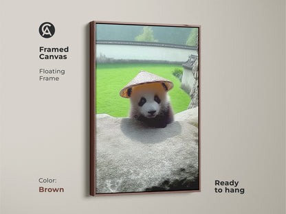 Brown Framed Canvas of Baby Panda Wall Art. This cute nursery decor print shows a panda with a hat. It is photorealistic animal artwork. A new baby gift idea. Animal nature wall decor.