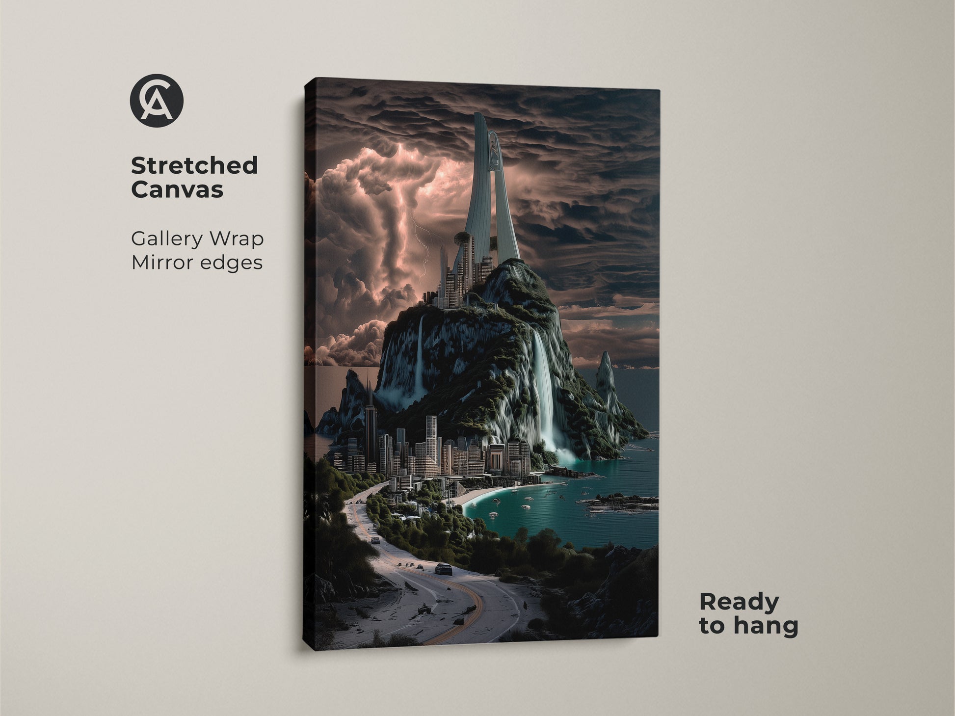 Stretched canvas gallery wrap of a futuristic city. The artwork has mirror edges and is ready to hang. This modern artwork features a city on an island with waterfalls.