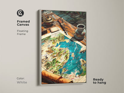 Framed canvas print of a fantasy world map with a white floating frame. This ready-to-hang nautical map artwork enhances your decor. Find the perfect framed art to complement your home style today.