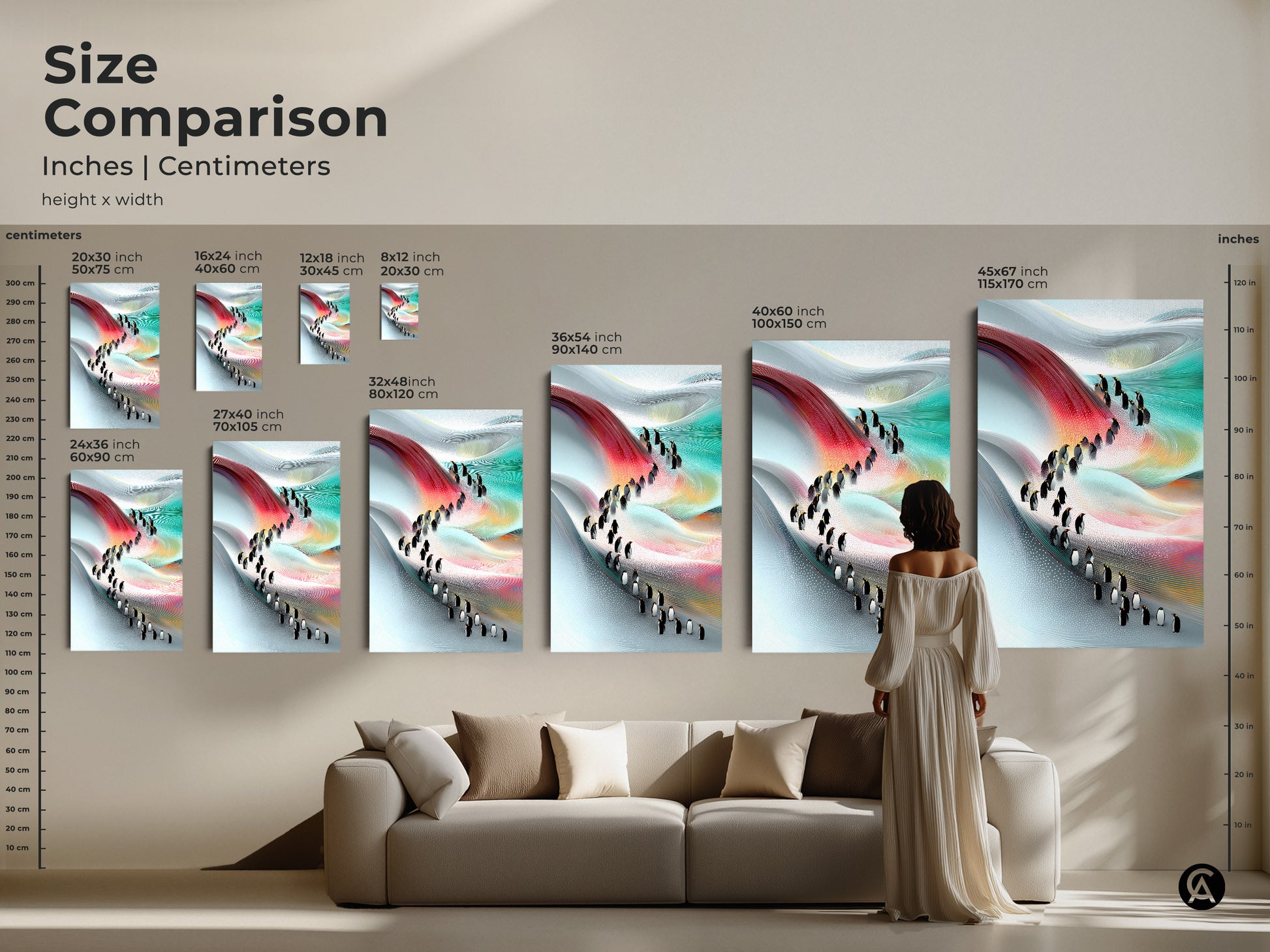 Size comparison of abstract penguin artwork in inches and centimeters. The canvas and poster prints range from small to large sizes. See how the artwork fits above a sofa providing a sense of scale and helping you choose the perfect size for your wall decor needs.
