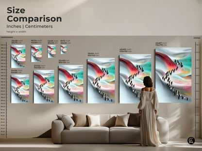 Size comparison of abstract penguin artwork in inches and centimeters. The canvas and poster prints range from small to large sizes. See how the artwork fits above a sofa providing a sense of scale and helping you choose the perfect size for your wall decor needs.