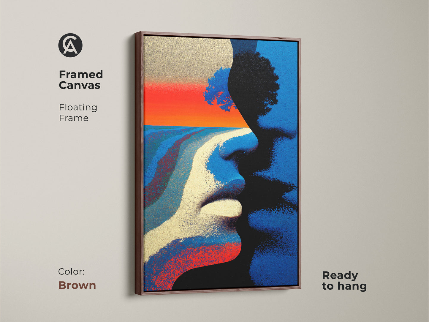 Framed canvas artwork featuring abstract couple faces. It has a vibrant tree landscape in blue red orange tones. The art is set in an antique gold floating frame. This adds color to the bedroom.