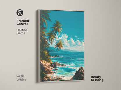 Framed canvas art in white depicting a tropical beach. Coastal artwork with palm trees and ocean waves. The floating frame is ready to hang. A serene addition to any room or office.