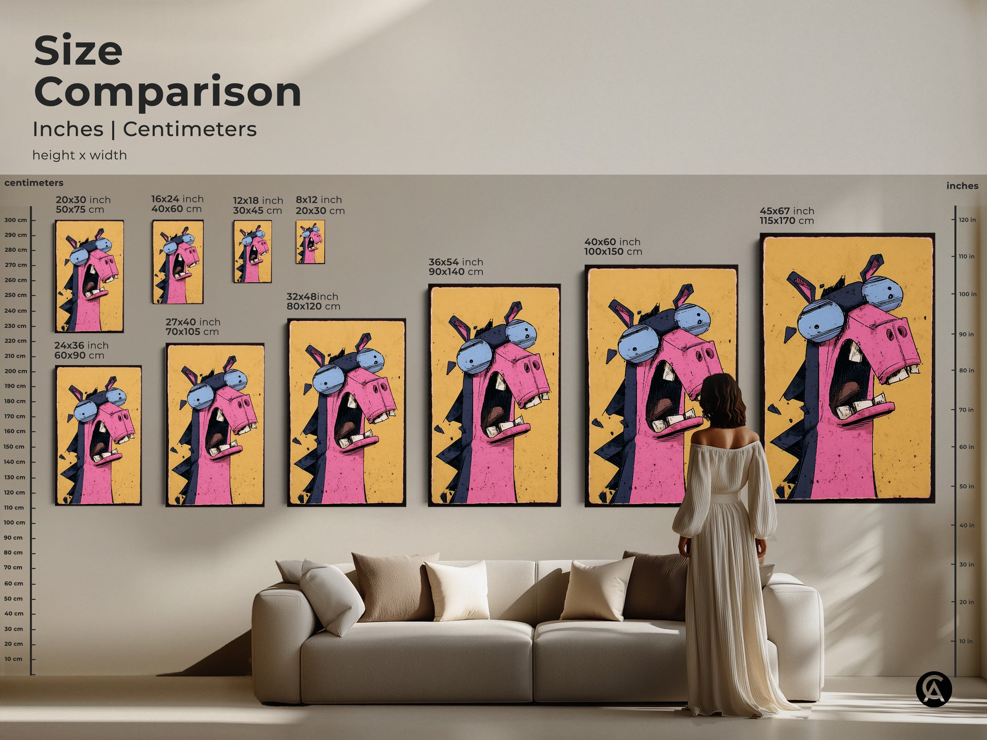 Compare sizes of this cartoon donkey art print in inches and centimeters. See how the expressive donkey artwork fits in different spaces. Available in various sizes as canvas or poster prints. Perfect for kids' rooms or eclectic decor.