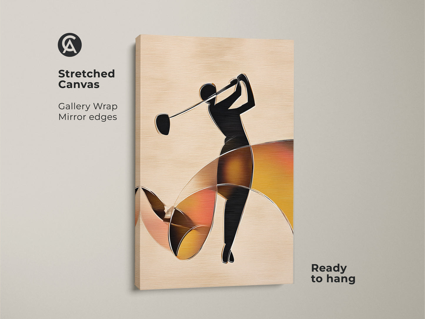 Stretched canvas art of an abstract golfer. Gallery wrap with mirrored edges. Ready to hang. Features a golfer silhouette. Black beige and orange tones create modern sports art.