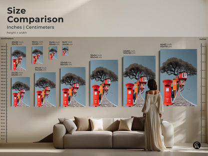 Size comparison showcasing surreal treehouse art in various dimensions. See the artwork's scale next to a sofa and a person. This eclectic post box art is available in multiple sizes. Find the perfect fit for your space this nature-inspired art print.
