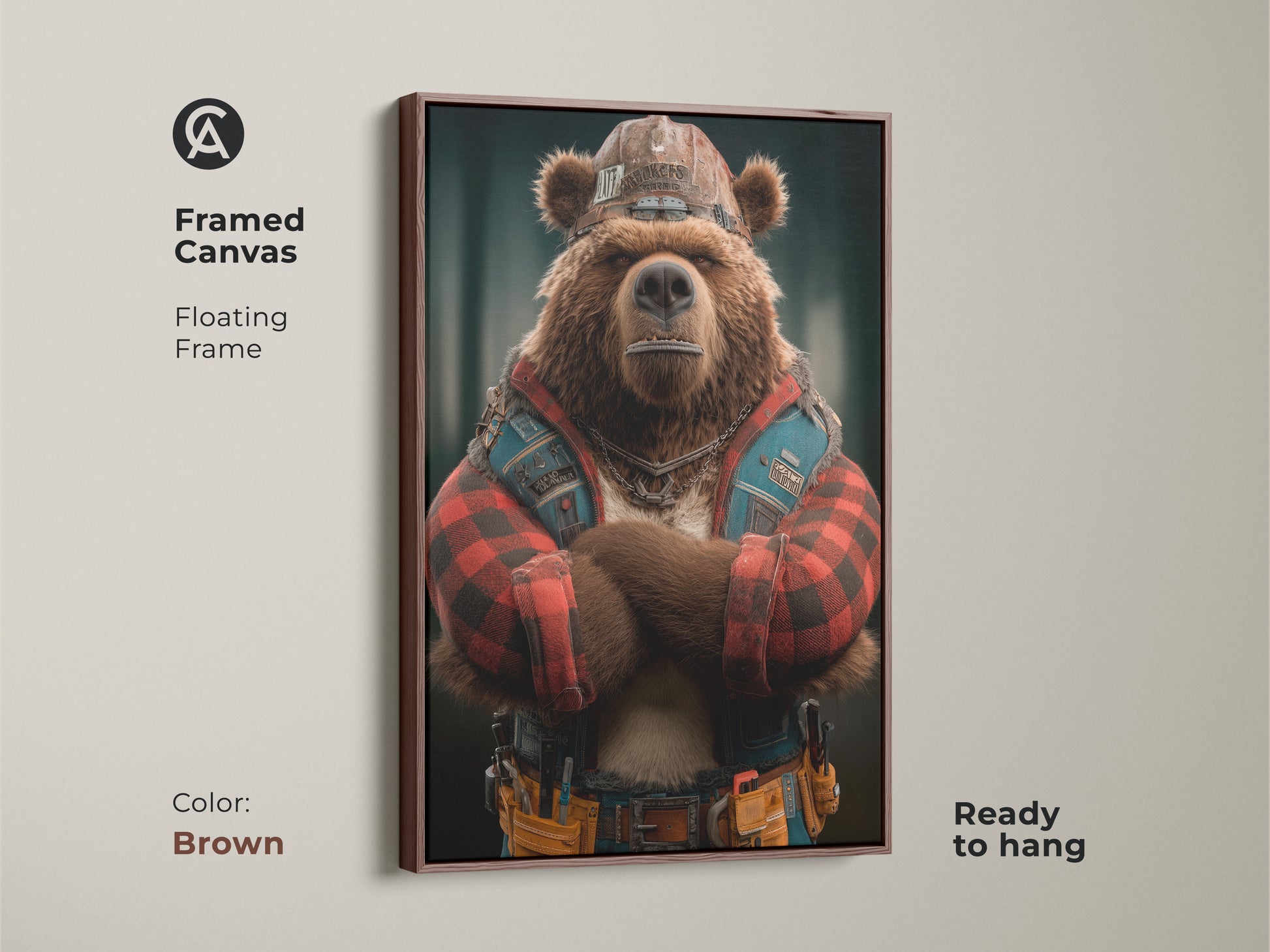 Framed Canvas Industrial Bear artwork with a Brown Frame. This is a digital artwork of a bear dressed as a construction worker. The rugged artwork is suited for a man cave or home office. The framed canvas is ready to hang