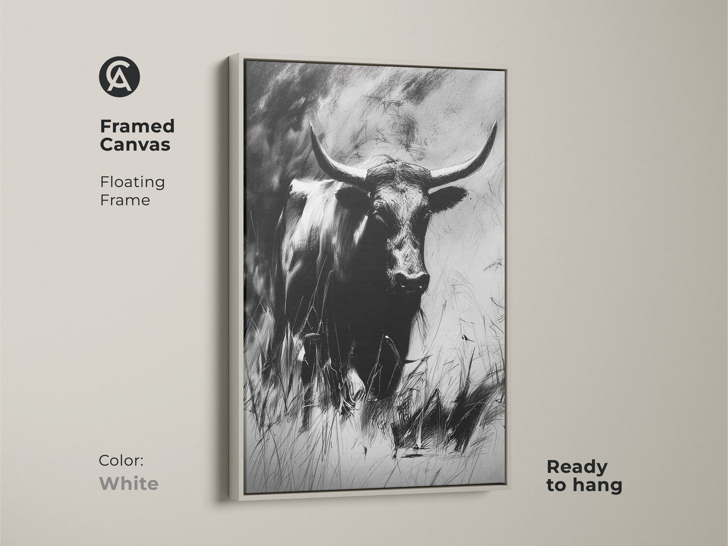 A framed canvas displays a monochrome bull art. The floating frame is white. This charcoal sketch longhorn is ready to hang. A minimalist animal art piece adds a touch of country western decor.