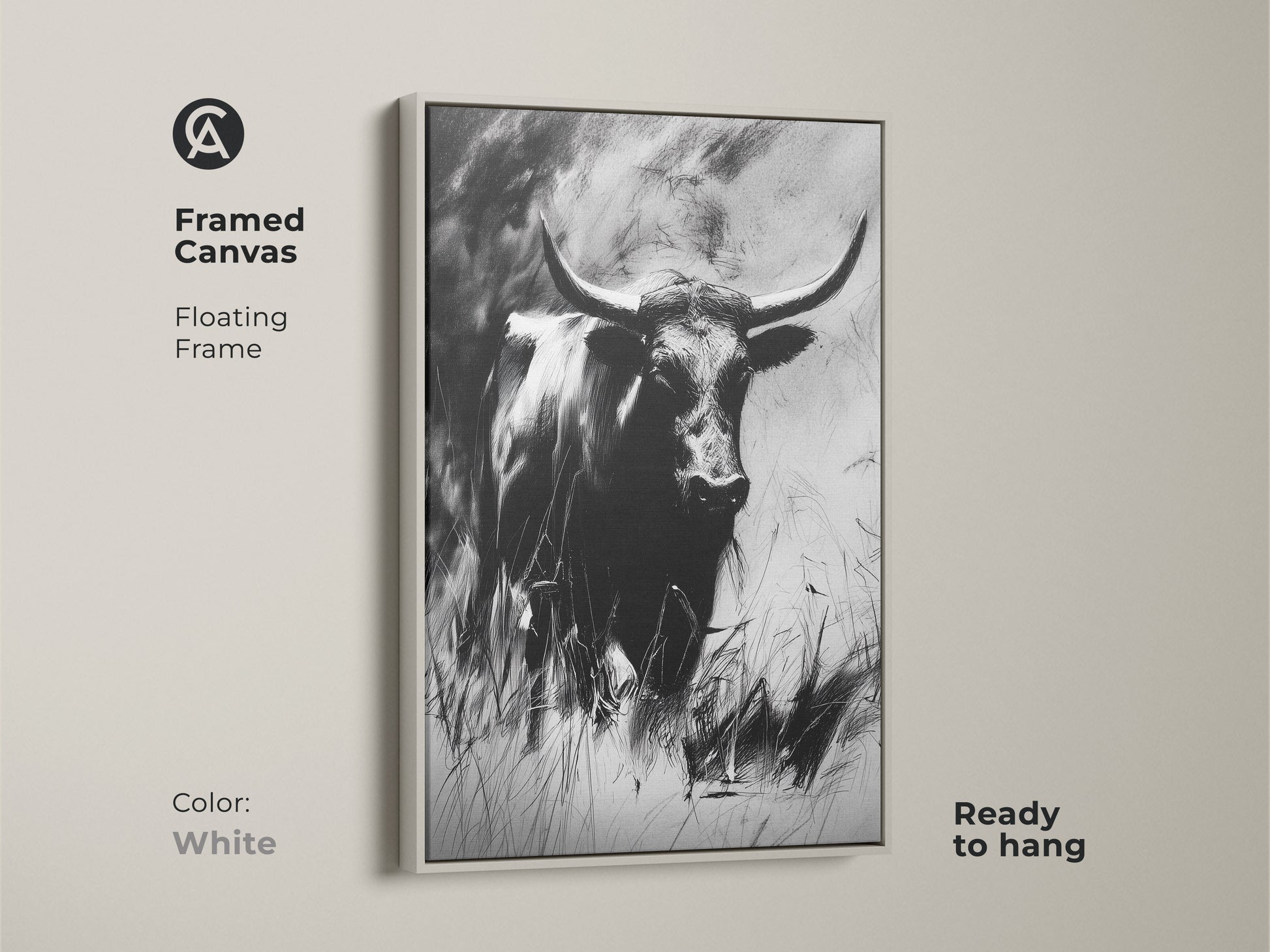 A framed canvas displays a monochrome bull art. The floating frame is white. This charcoal sketch longhorn is ready to hang. A minimalist animal art piece adds a touch of country western decor.
