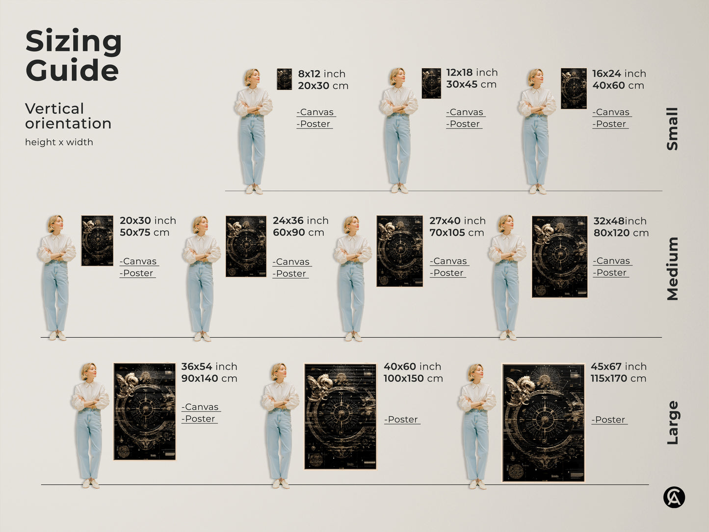 Sizing guide for Vertical Ram Compass Abstract Canvas Art. Choose from Canvas or Poster prints. Pick the perfect fit for your home with Steampunk Astrology wall decor.