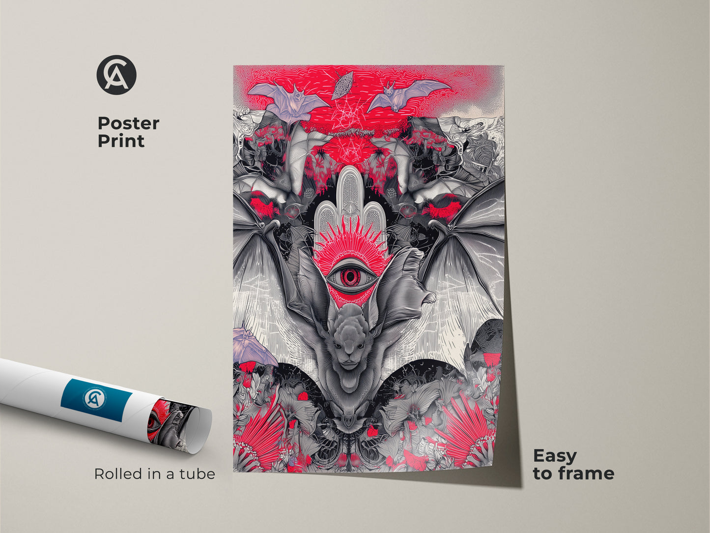 Poster print of a gothic bat with a surreal third eye design. This dark art is rolled in a tube and easy to frame. The eclectic red black and white artwork is ideal for goth enthusiasts.