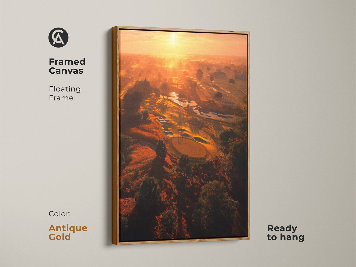 Framed canvas art featuring a golf course at sunrise. This floating frame canvas is ready to hang. The antique gold frame adds elegance. Perfect wall art for golf lovers and art collectors.