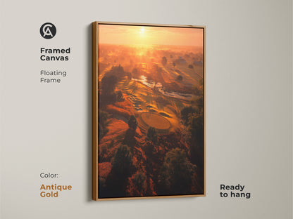 Framed canvas art featuring a golf course at sunrise. This floating frame canvas is ready to hang. The antique gold frame adds elegance. Perfect wall art for golf lovers and art collectors.