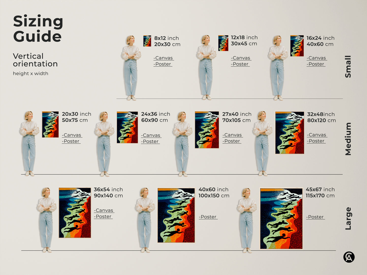 Size Comparison of Abstract Swimmers Wall Art. The red blue and green decor is shown in multiple dimensions. Find the ideal fit for your living room contemporary art.