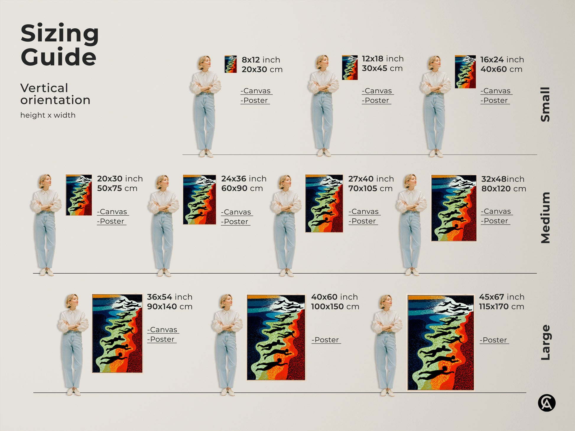 Size Comparison of Abstract Swimmers Wall Art. The red blue and green decor is shown in multiple dimensions. Find the ideal fit for your living room contemporary art.