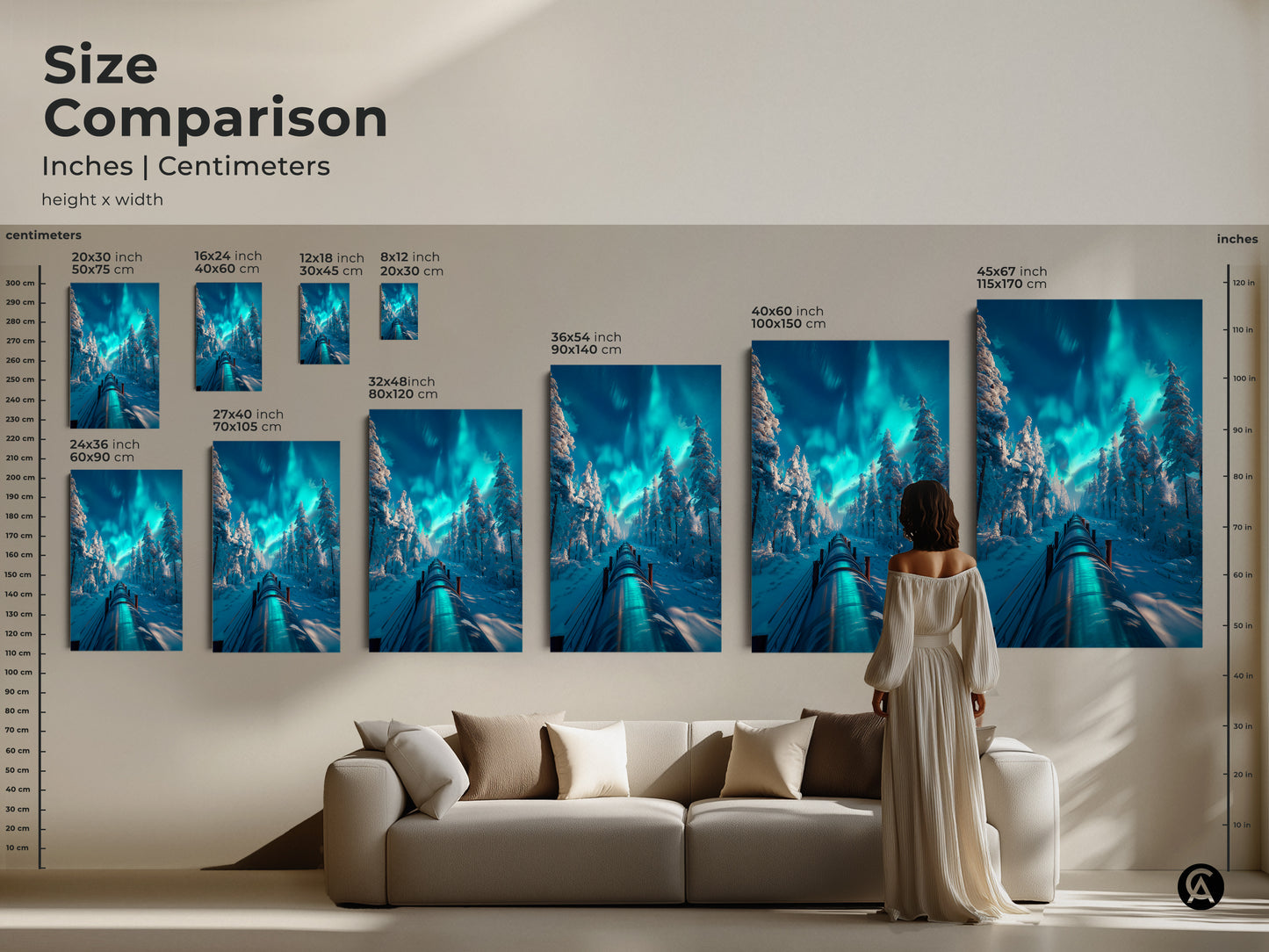 Size comparison for winter forest art prints in inches and centimeters. Visualize artwork dimensions from 8x12 to 45x67 inches. Perfect for any space from cozy apartments to large living rooms. Find the ideal size to enhance your decor.