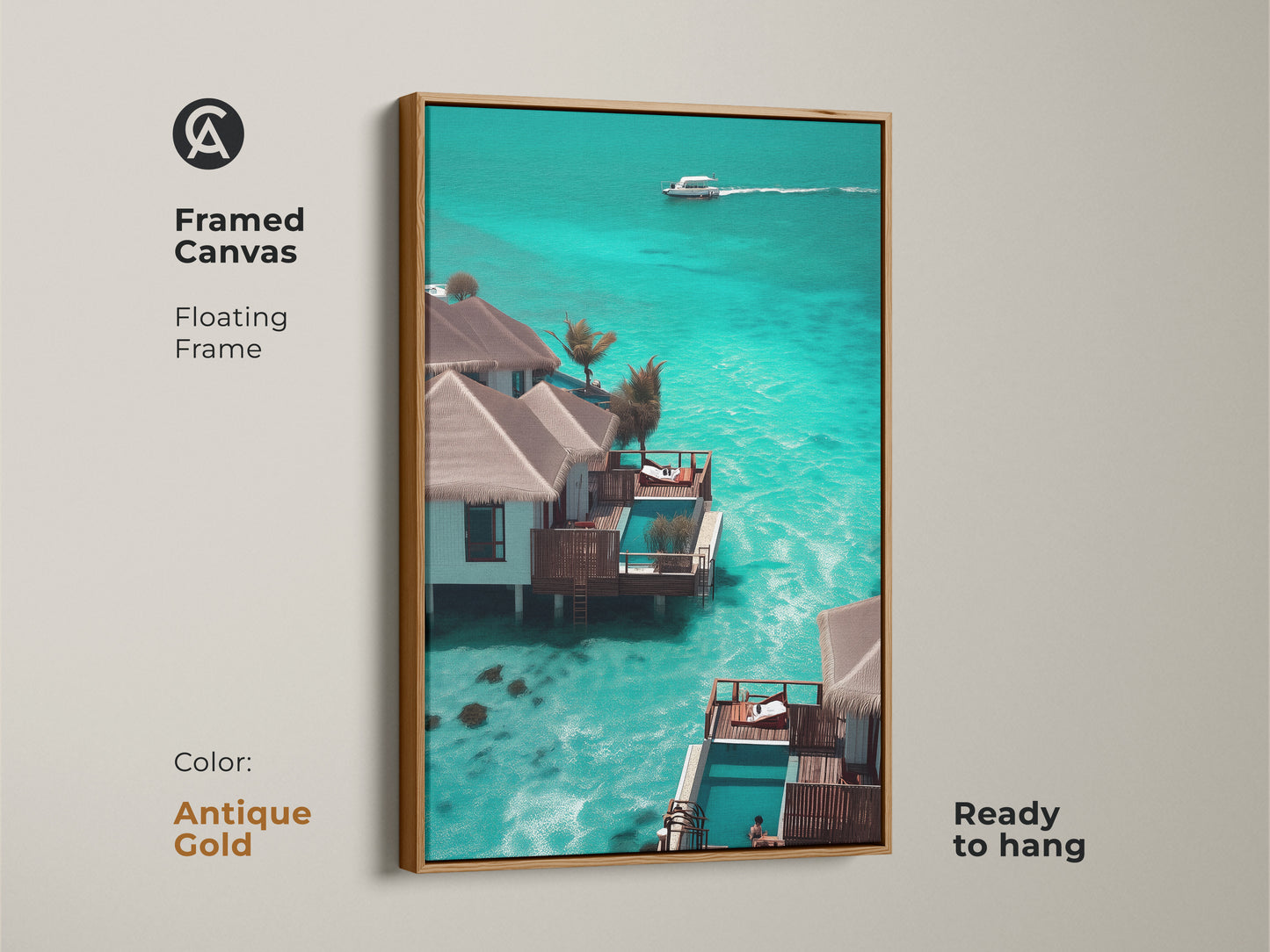 Framed canvas with an antique gold floating frame featuring a luxury tropical resort bungalow. Teal and blue ocean hues create a coastal beach house aesthetic. This overwater bungalow art is ready to hang. It is a perfect modern coastal wall art.