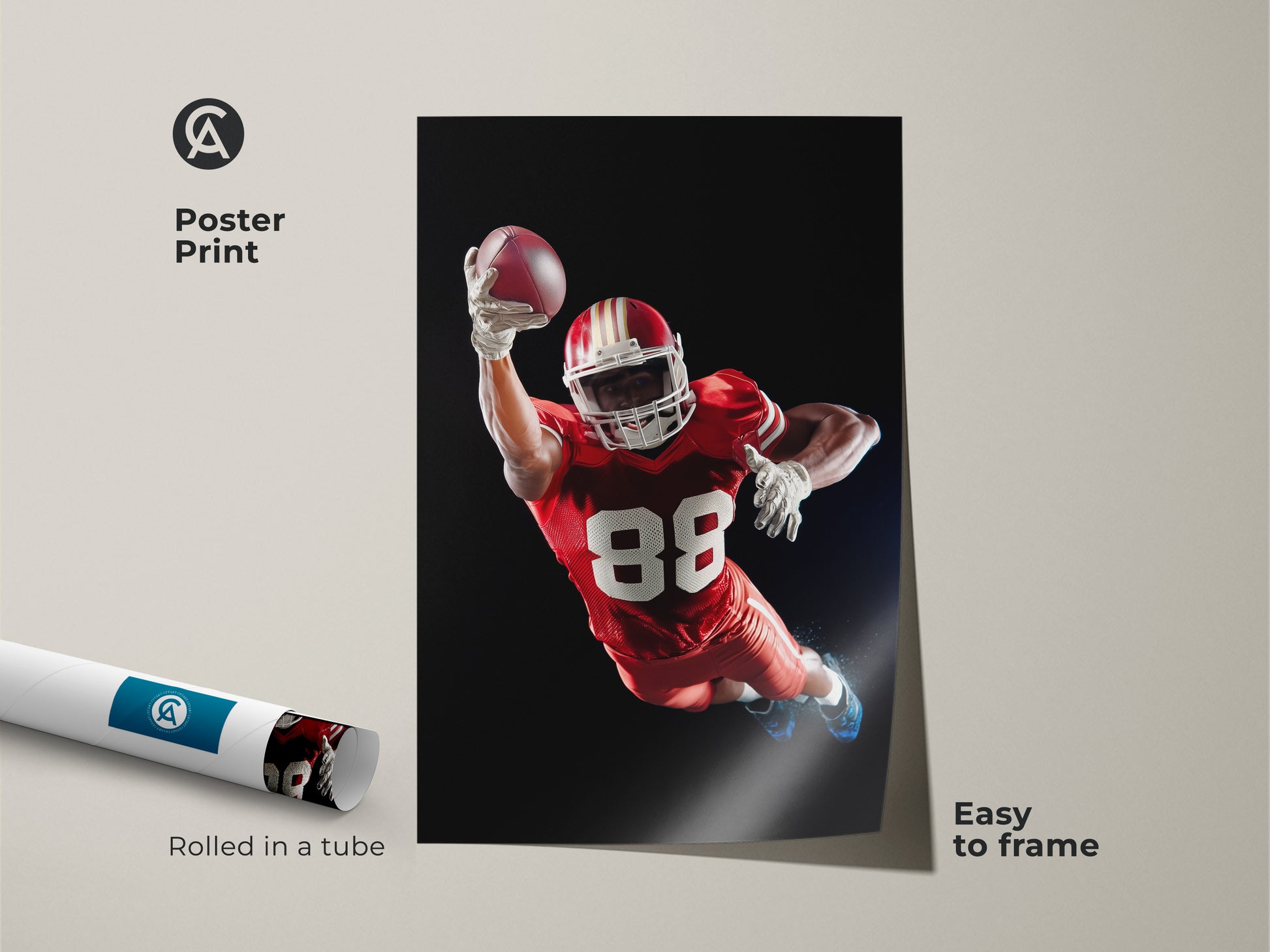 Poster Print of an American Football player in action. This dynamic sports artwork is easy to frame. The Red White and Black football decor is perfect for a Man Cave. It's a great gift for any sports fan. This modern football poster adds action to any space. Rolled in a tube for safe delivery.