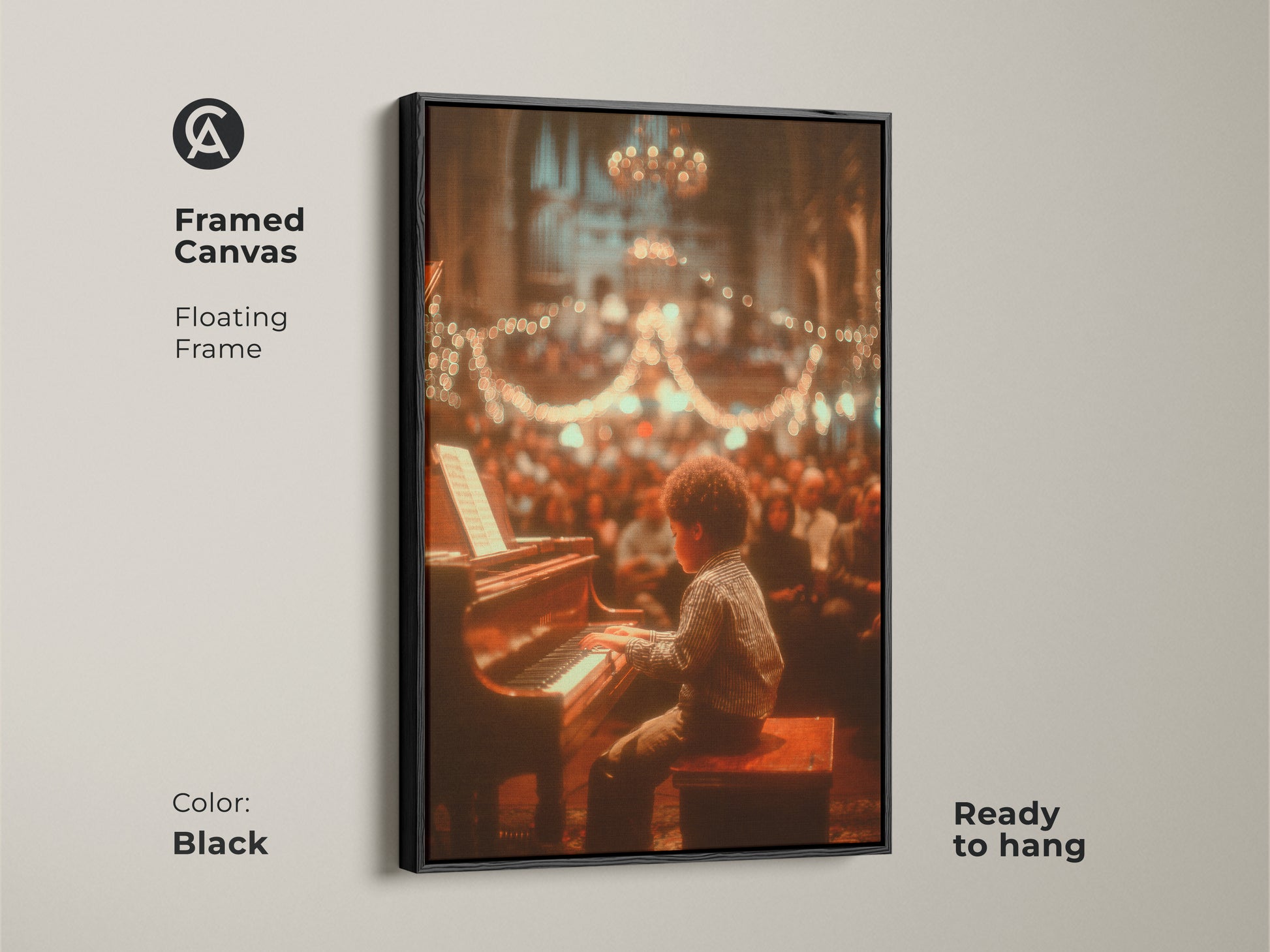 This framed canvas features a floating frame in black. The artwork shows a young boy playing piano in front of a crowd. The art is ready to hang. It brings a touch of sophistication to any room.